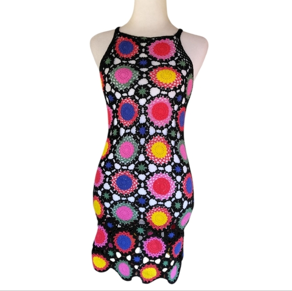 H&M X Coachella Granny Square Knit Bright Colorful Boho Cover Up Dress Size 4 - Picture 4 of 10